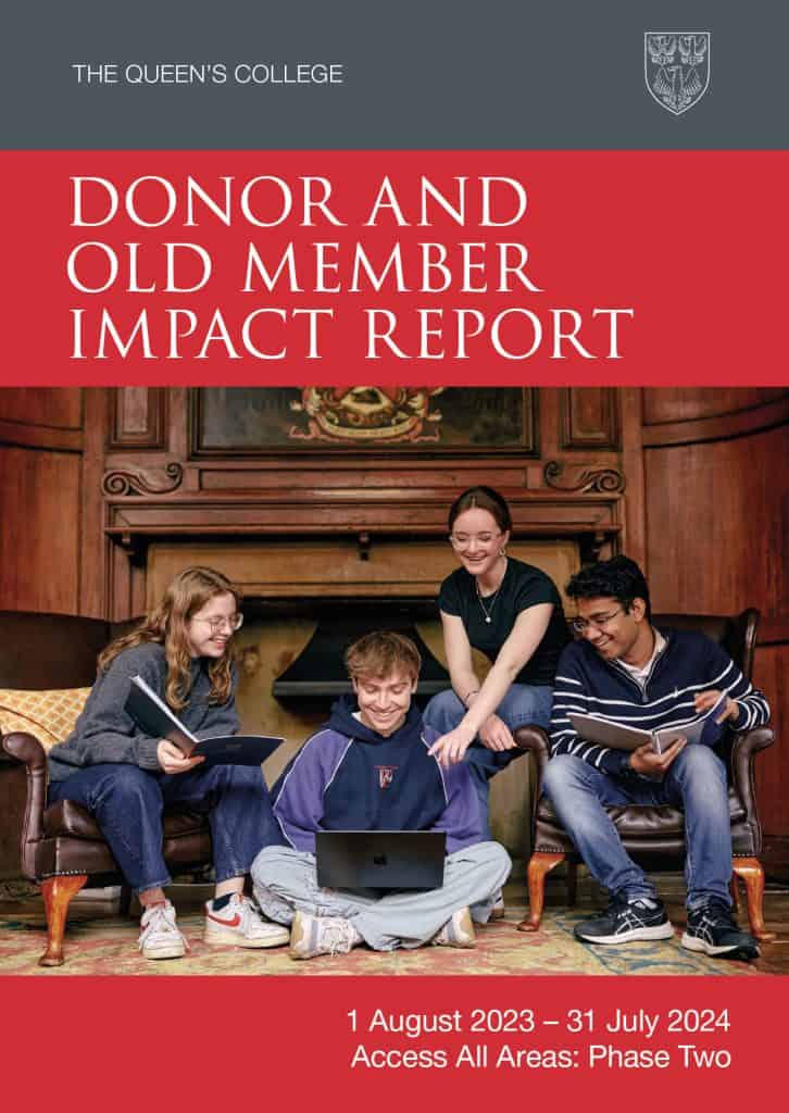 Donor Impact report 2023-24 cover with four students sitting in the Old Taberdars' Room and looking at a laptop whikle they plan some arts events