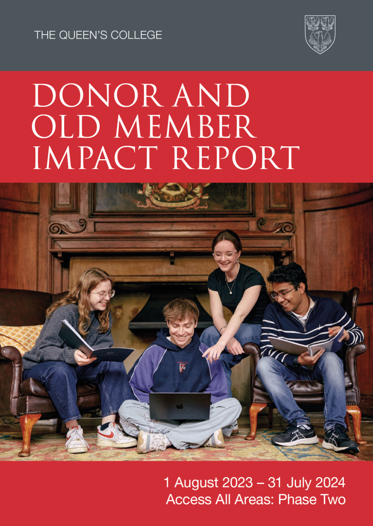 Donor Impact report 2023-24 cover with four students sitting in the Old Taberdars' Room and looking at a laptop whikle they plan some arts events