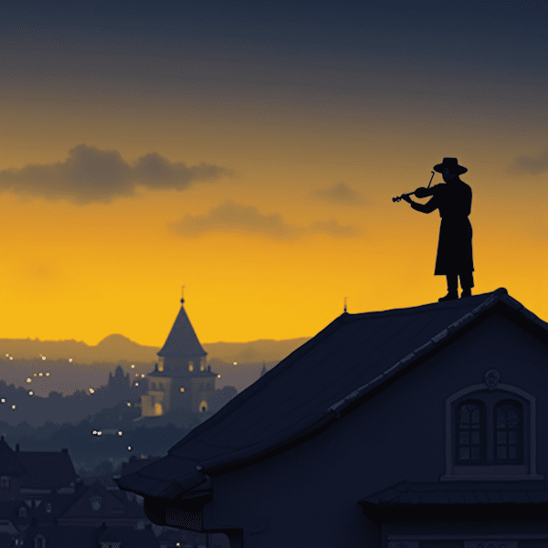 a silhouetted figure standing on a roof playing a violin with buildings and a golden sunset sky in the background