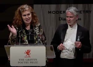 Karen Leeder and Durs Grunbein speaking at the Griffin Poetry Prize reading after they are announced as the winners
