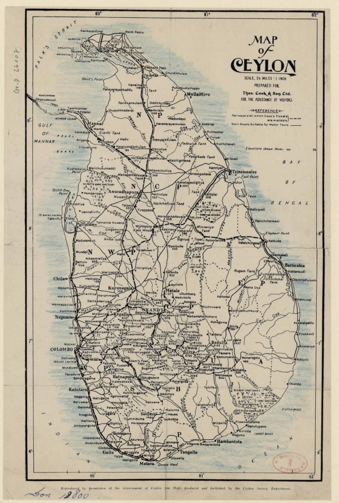 Map of Ceylon. Scale 24 Miles. 1 Inch =1 : 1 500 000 / Prepared for Thos. Cook and Son. T. Cook (Colombo), 1929.