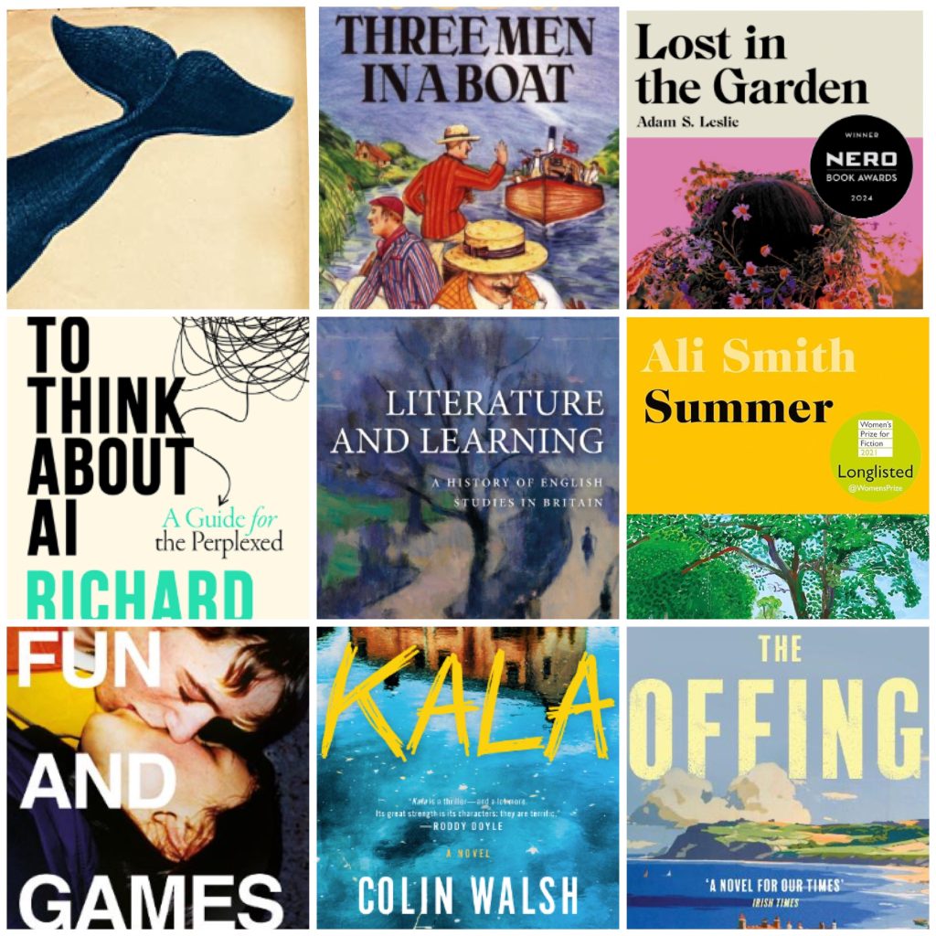 A 3x3 grid of book covers. Top row (left to right): A stylized blue whale tail on a beige background. Cover of "Three Men in a Boat" showing three Victorian men rowing on a river. "Lost in the Garden" with a figure's head covered in pink flowers; it has a Nero Book Awards 2024 winner badge. Middle row (left to right): 4. "To Think About AI" by Richard; modern design with abstract black lines and bold typography. 5. "Literature and Learning" showing a painterly image of people walking under trees. 6. "Summer" by Ali Smith; a bright yellow cover with green foliage and a Women's Prize for Fiction badge. Bottom row (left to right): 7. "Fun and Games" showing a close-up of two people in an embrace. 8. "Kala" by Colin Walsh; blue-toned water and yellow text, with a Roddy Doyle quote. 9. "The Offing"; pastel illustration of a coastal scene, subtitled "A Novel for Our Times."
