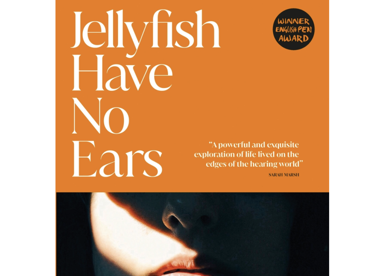 Book cover for Jellyfish have no ears with a bright orange header and a face obscured in shadow