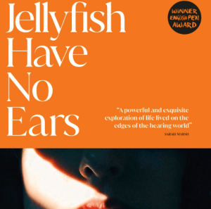 Book cover for Jellyfish have no ears with a bright orange header and a face obscured in shadow