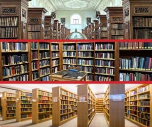 Three thin landscape photos of the different library levels with the Upper Library at the top, the Lower Library in the middle and the New Library at the bottom. Each image contains book shelves.