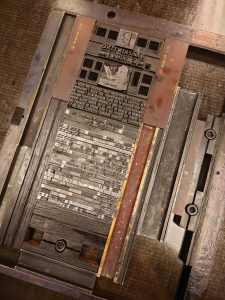 The finished page ‘forme’ locked into place within the chase using pieces of wood (called ‘furniture’) and quoins which could be expanded with a key to create more tension.