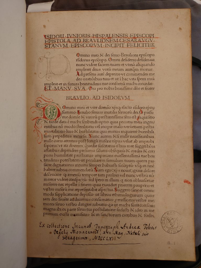 This copy of Isidore of Seville’s Etymologiae (Queen’s Sel.a.130) features rubrication and decorated initials painted by hand alongside the text, which was printed on a press with moveable type.