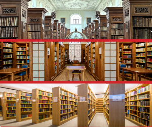 Three thin landscape photos of the different library levels with the Upper Library at the top, the Lower Library in the middle and the New Library at the bottom. Each image contains book shelves.