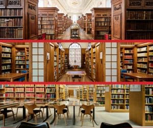 Three thin landscape photos of the different library levels with the Upper Library at the top, the Lower Library in the middle and the New Library at the bottom. Each image contains book shelves.