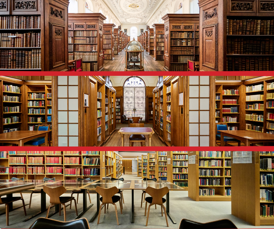 Three thin landscape photos of the different library levels with the Upper Library at the top, the Lower Library in the middle and the New Library at the bottom. Each image contains book shelves.