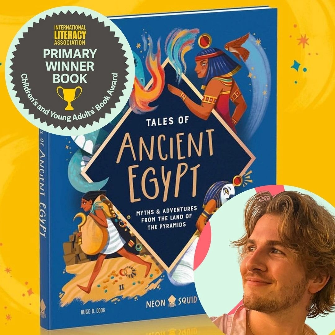 Hugo Cook profile photo overlaid on the cover of his illustrated book of Tales from Ancient Egypt