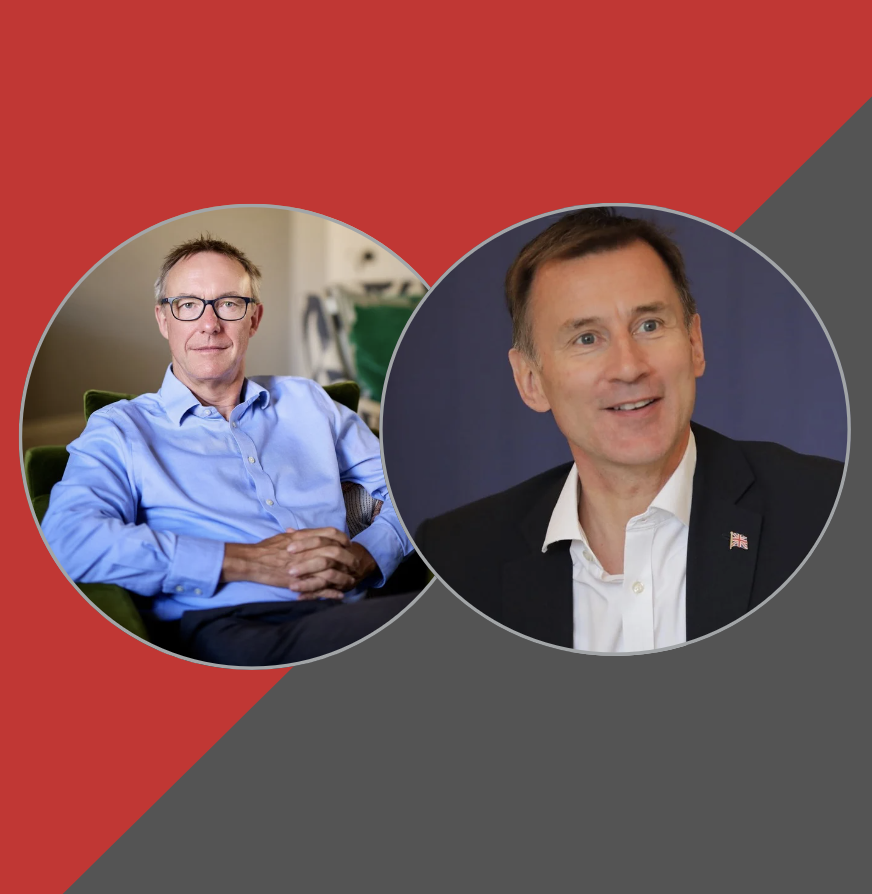 a venn diagram style outline of two circles overlapping with Paul Johnson's profile photo in one (left) and Sir Jeremy Hunt's photo ijn the other (right). The background is solid red and dark grey with the two colours meeting on a slant.