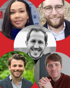 five profile photos in five circular frames on a red background