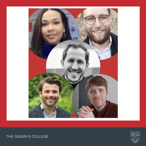 five profile photos in five circular frames on a red background in a grey branded Queen's College frame