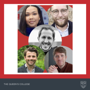 five profile photos in five circular frames on a red background in a grey branded Queen's College frame