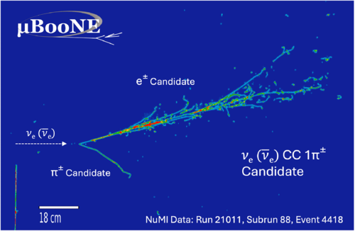 event display of a candidate electron neutrino charged current interaction with a charged pion in the MicroBooNE detector.