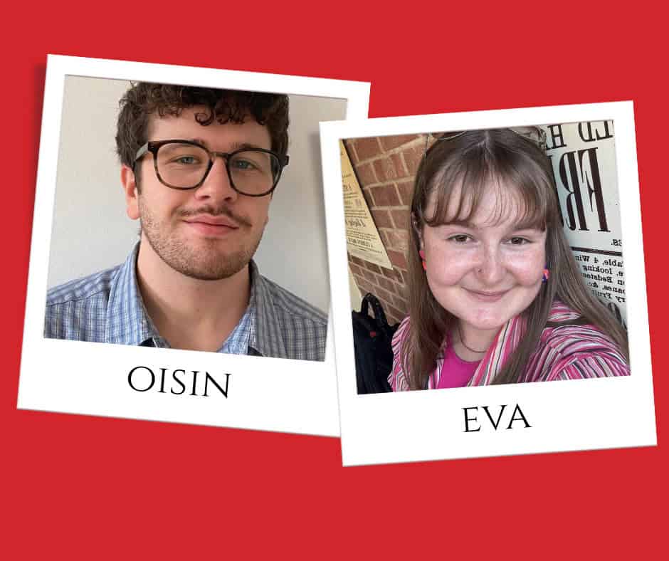 Oisin and Eva's profile photos in polaroid photo frames on a red background