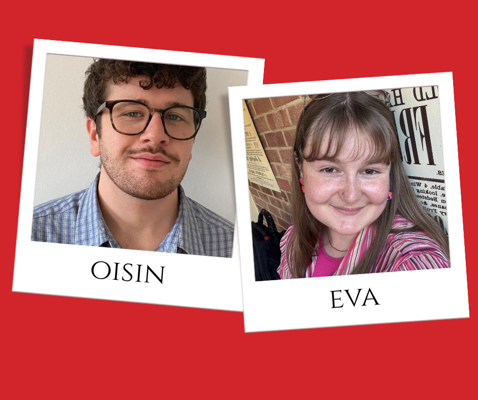 Oisin and Eva's profile photos in polaroid photo frames on a red background
