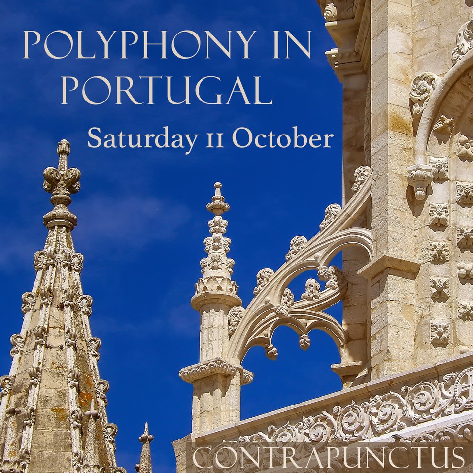 poster for Polyphony in Portugal concert showing an ornate Portuguese building against a deep blue sky