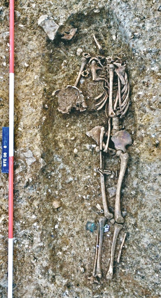 archaeological findings: a skeleton in a grave showing signs of having been 'killed' after death
