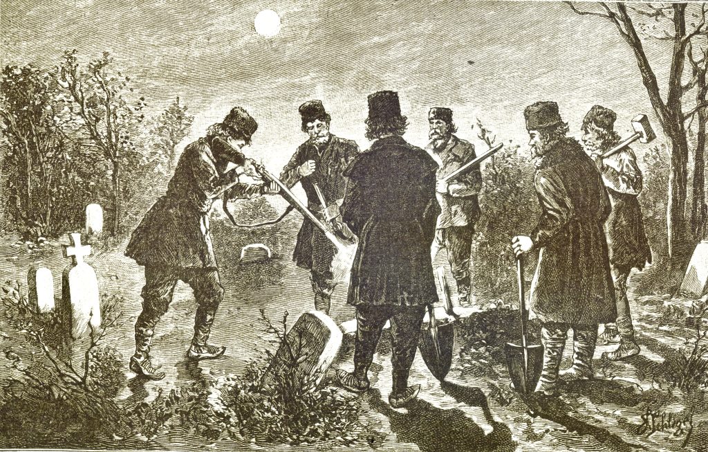 Nineteenth-century Romanian peasants killing a vampire by moonlight. The man on the right has just driven a stake into the heart of the corpse; the others are finishing the job with guns