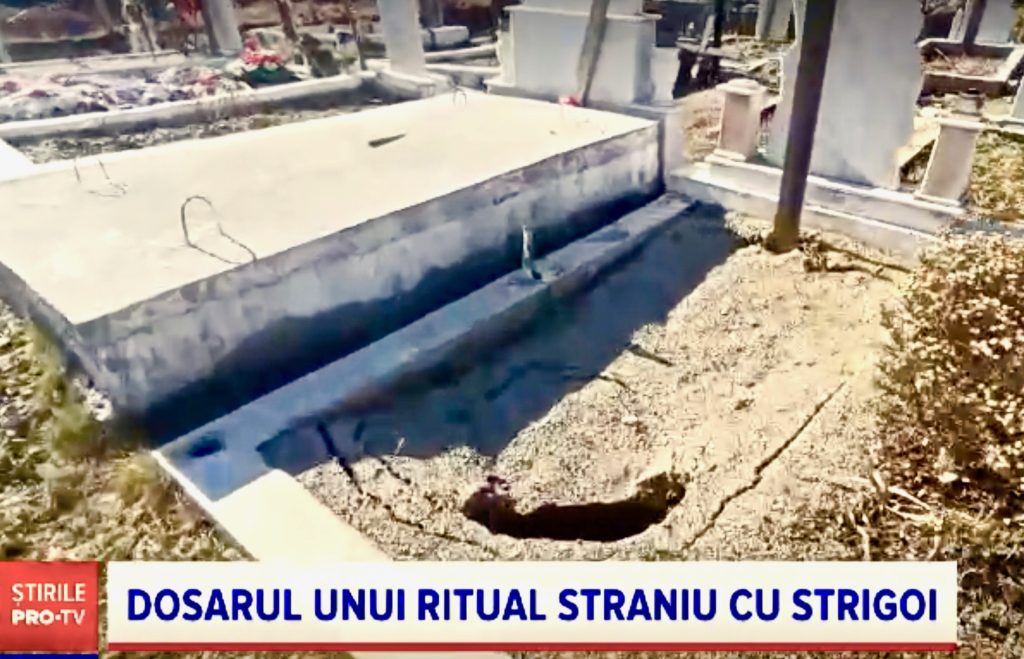 Vâlcea, south-western Romania: the hole in the grave and its ghastly message, in a video by Stirile Pro-TV. The idea that vampires make holes through their grave-earth as they come and go is often mentioned, but this may be the only photographic record of the phenomenon. This corpse was exhumed and staked in 2019