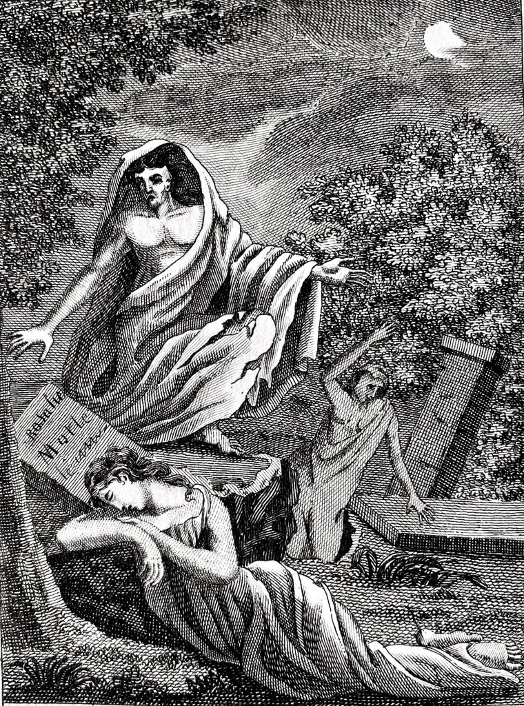 A typical Romantic-era visualisation of vampires, in an engraving of 1820. The image shows three figures in a graveyard, one of which is emerging out of the ground.