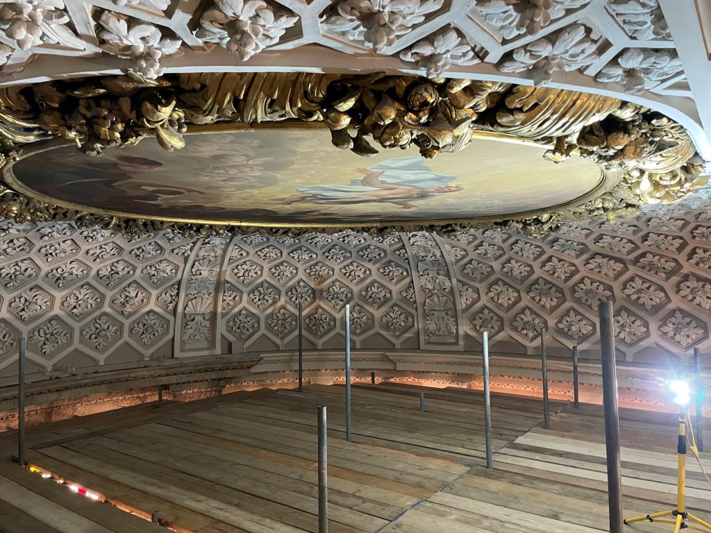Chapel ceiling painting photographed up close from the scaffolding