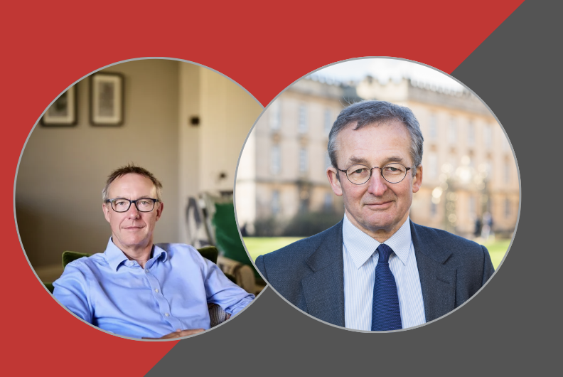 a venn diagram style outline of two circles overlapping with Paul Johnson's profile photo in one (left) and Sir Dieter Helm's photo jn the other (right). The background is solid red and dark grey with the two colours meeting on a slant.