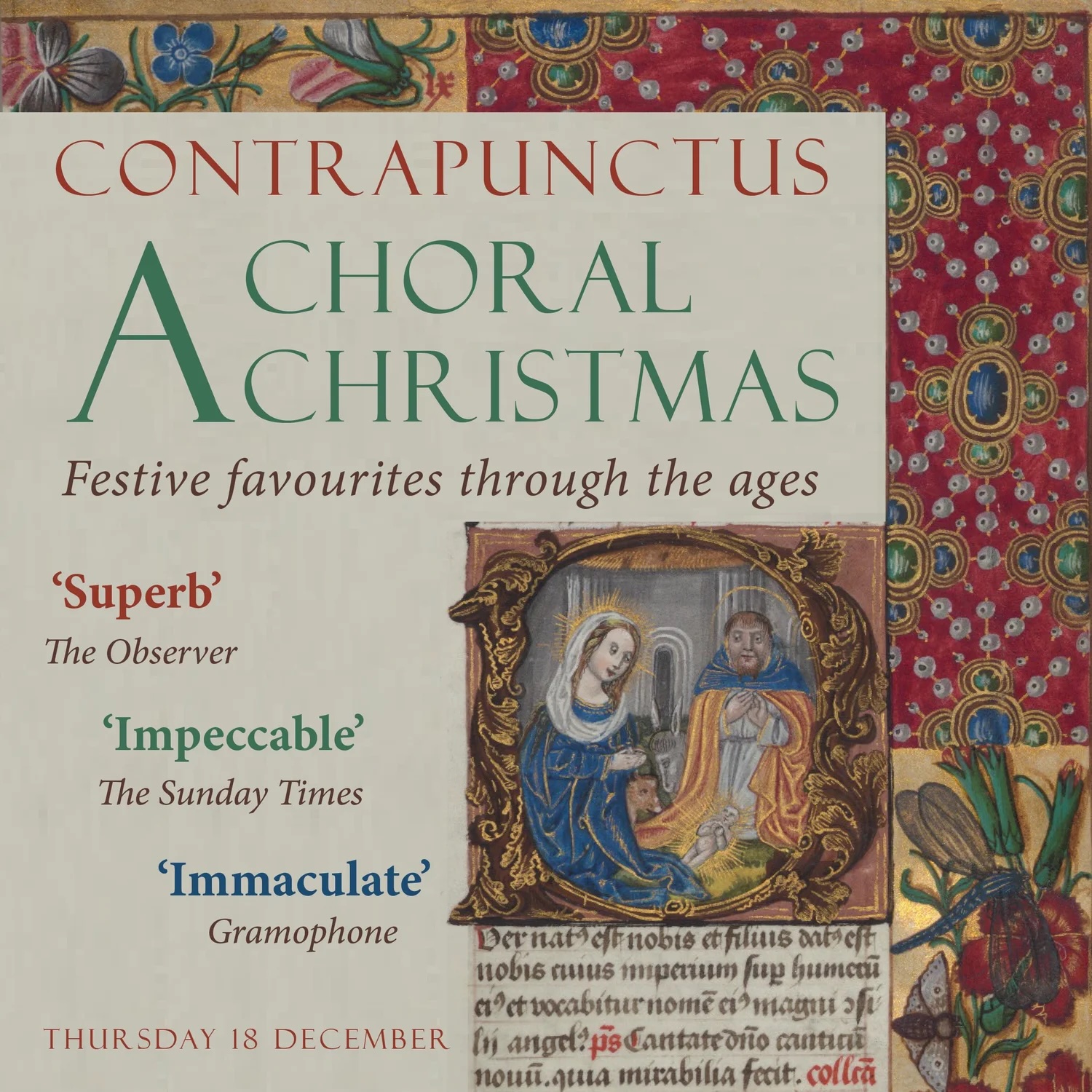 a CD-style cover image showing an illuminated manuscript and all title text and review quotes are in the event entry