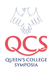 The letters QCS in bright red underneath a blue line drawing of an eagle and above the text: Queen's College Symposia