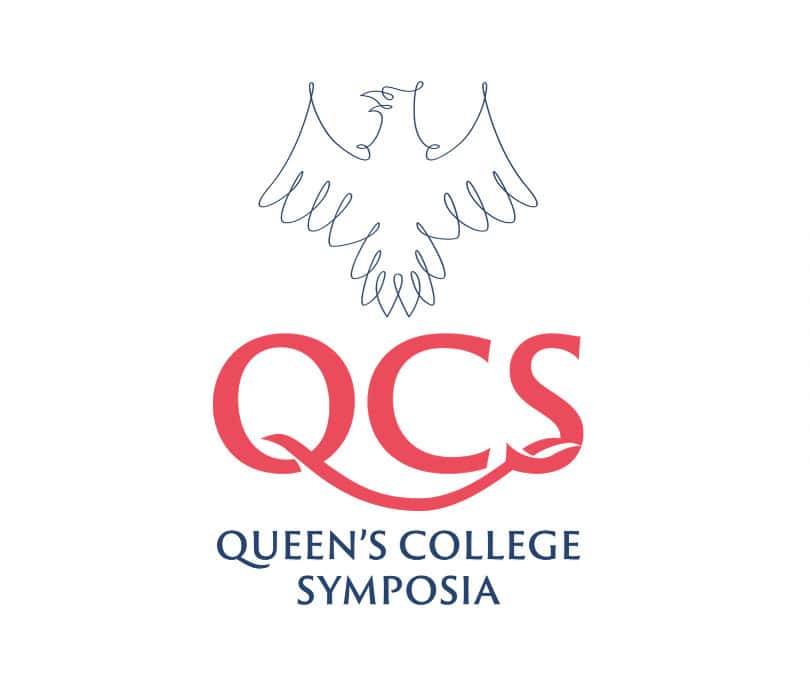 The letters QCS in bright red underneath a blue line drawing of an eagle and above the text: Queen's College Symposia