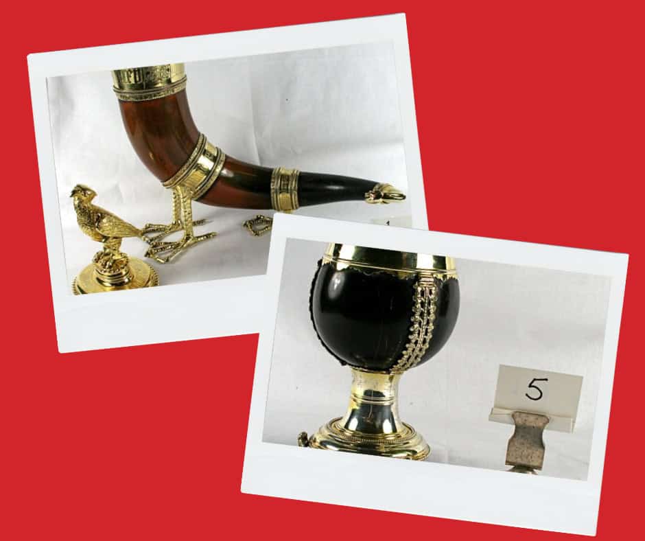 images of a drinking horn and a coconut drinking cup on a red background