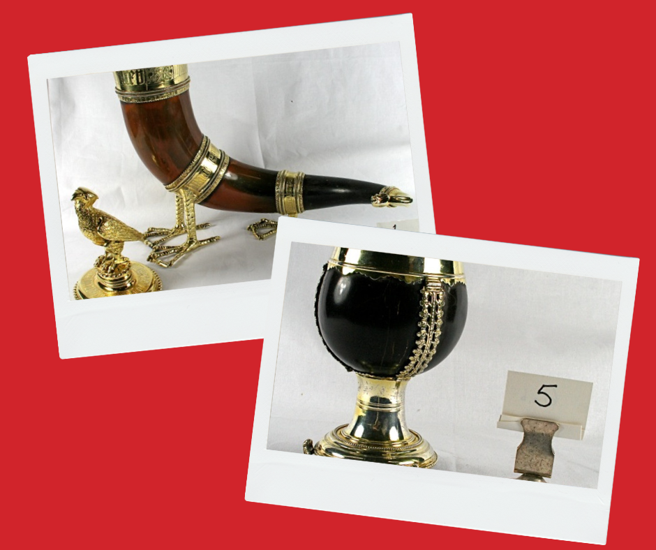 images of a drinking horn and a coconut drinking cup on a red background