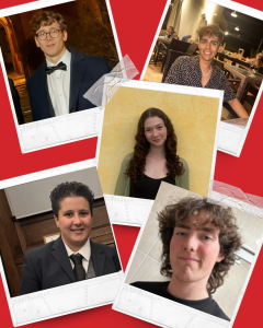 a grid of poloroid-style student caller profile photos on a red background