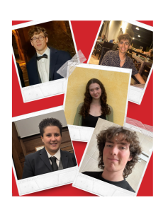 a grid of poloroid-style student caller profile photos on a red background