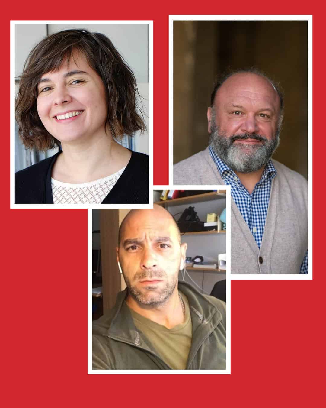 Amanda, Jose and David profile photos on a red background
