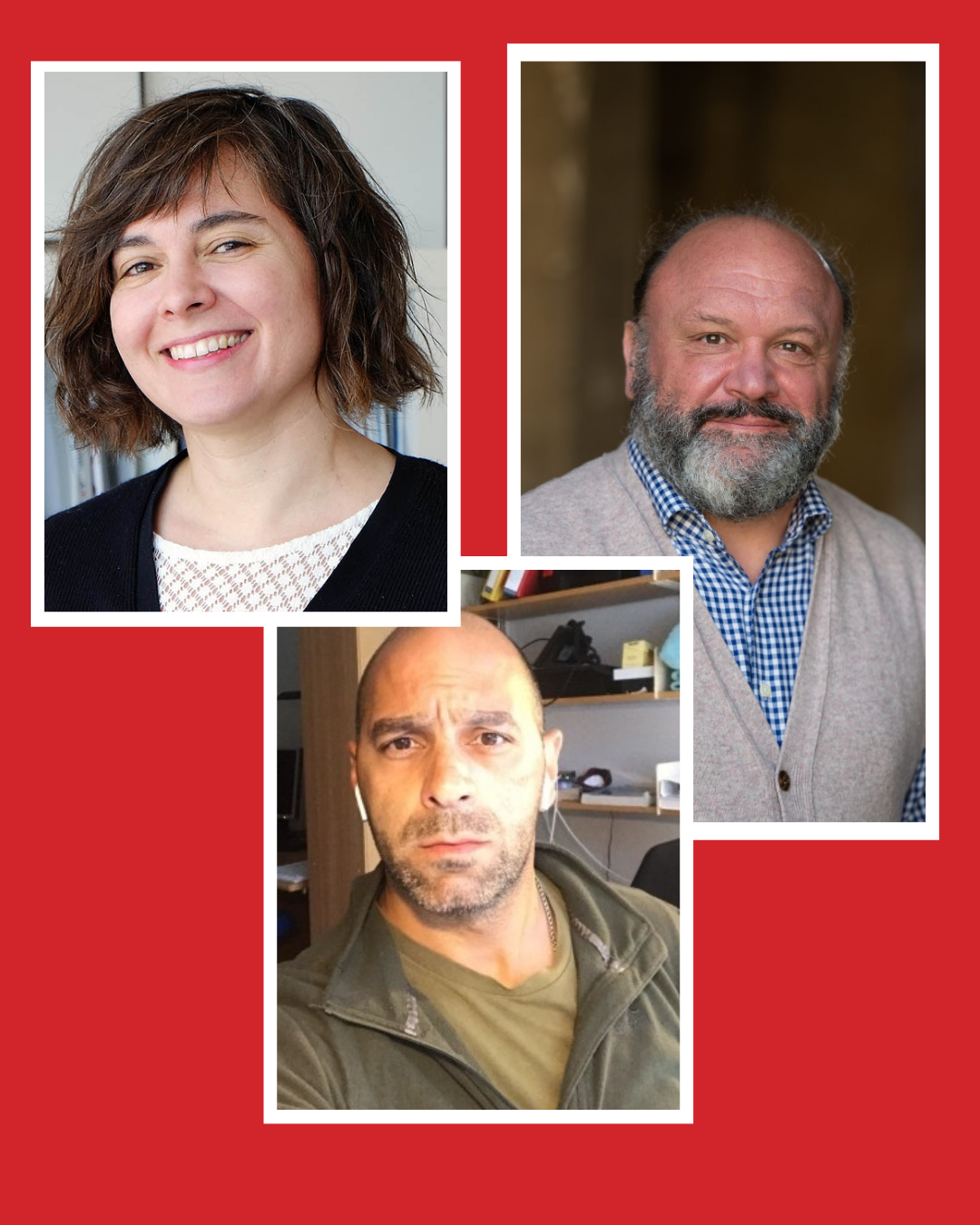 Amanda, Jose and David profile photos on a red background