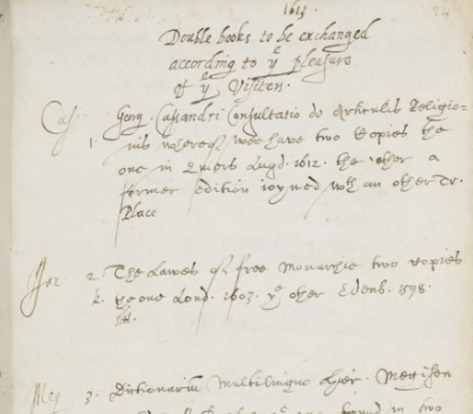 A book page from 1613 with the title 'Double books to be exchanged according to [the] pleasure of...'