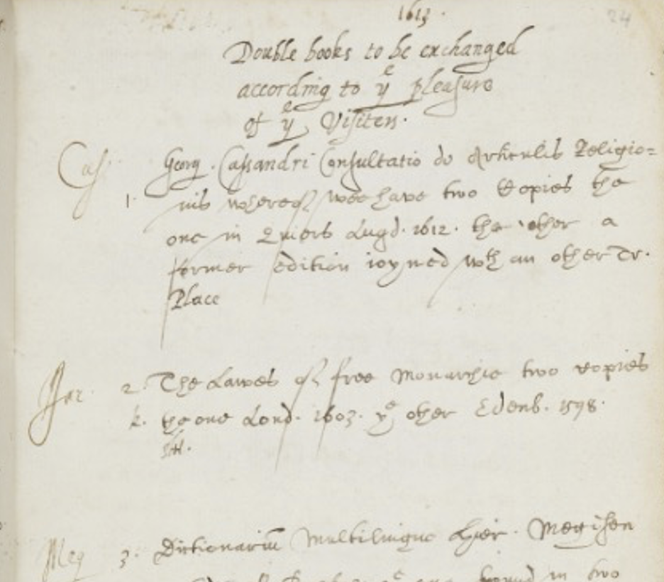 A book page from 1613 with the title 'Double books to be exchanged according to [the] pleasure of...'