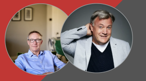 a venn diagram style outline of two circles overlapping with Paul Johnson's profile photo in one (left) and Ed Ball's photo jn the other (right). The background is solid red and dark grey with the two colours meeting on a slant.