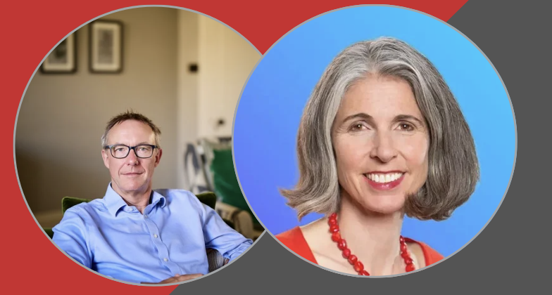 a venn diagram style outline of two circles overlapping with Paul Johnson's profile photo in one (left) and Rain Newton-Smith's photo jn the other (right). The background is solid red and dark grey with the two colours meeting on a slant.