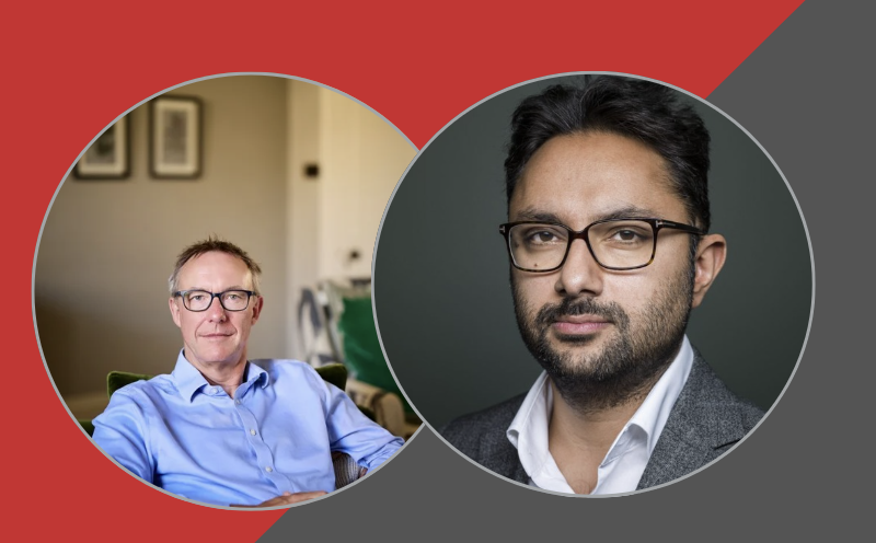 a venn diagram style outline of two circles overlapping with Paul Johnson's profile photo in one (left) and Sathnam Sanghera's photo jn the other (right). The background is solid red and dark grey with the two colours meeting on a slant.
