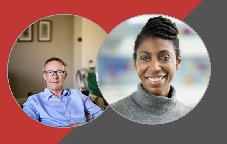 a venn diagram style outline of two circles overlapping with Paul Johnson's profile photo in one (left) and Sharon White's photo jn the other (right). The background is solid red and dark grey with the two colours meeting on a slant.