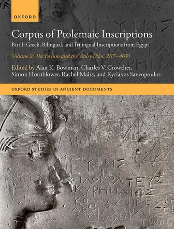 book cover for 'Corpus of Ptolemaic Inscriptions Part I: Greek, Bilingual, and Trilingual Inscriptions from Egypt' with face carved in stone and inscriptions