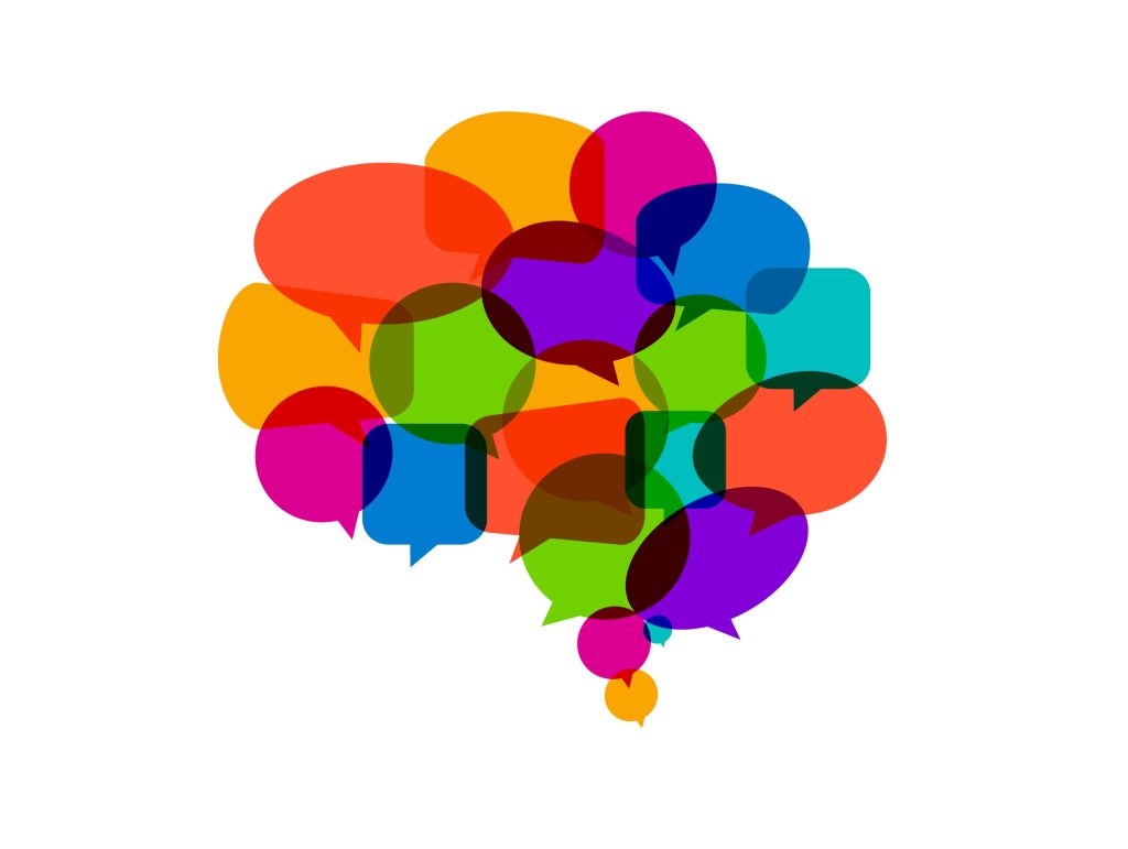 Speech bubbles forming brain, communication concept
