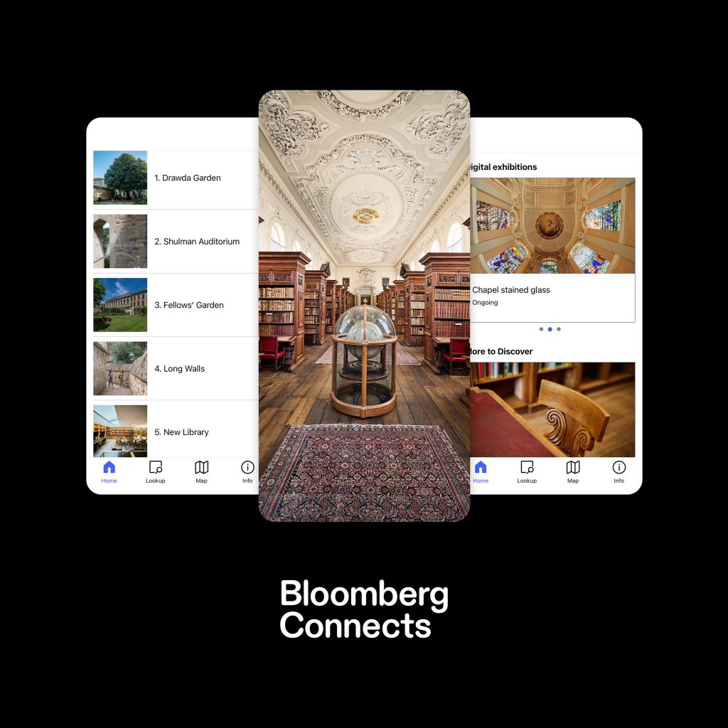 a screenshot of the College guide on Bloomberg Connects shown on a mobile phone with an image of the Upper Library prominent and to either side, lists of locations in College