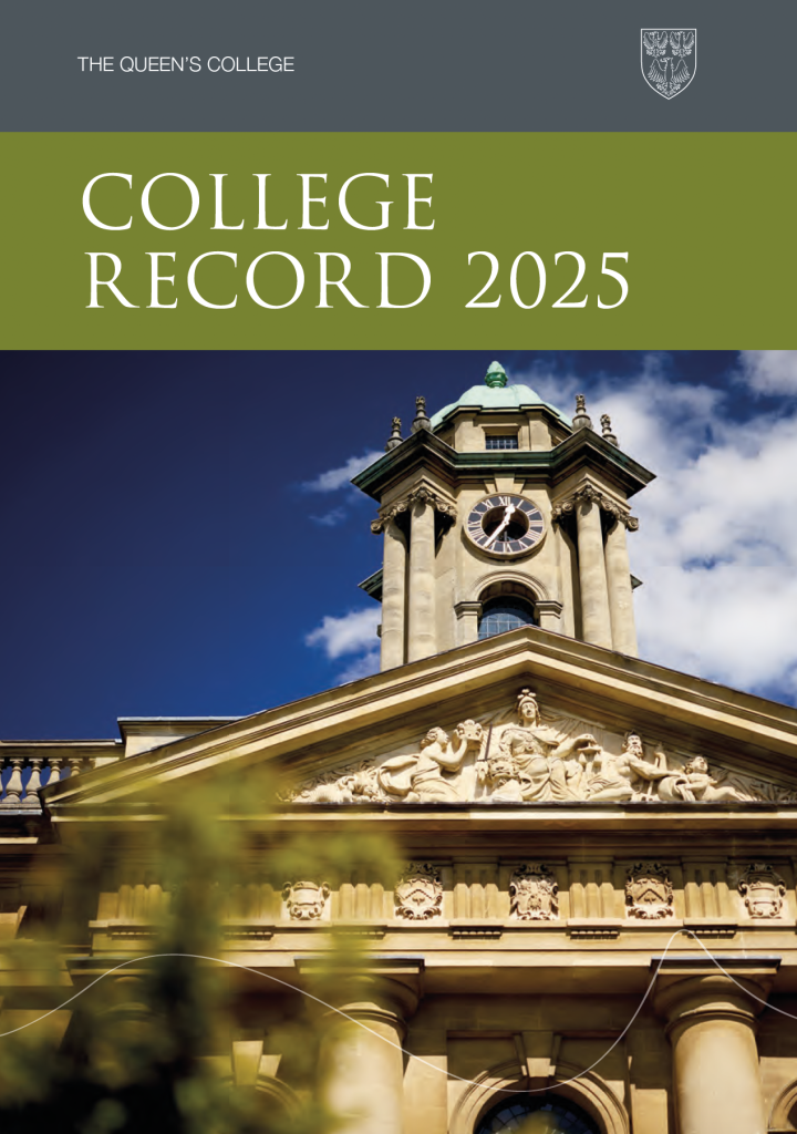 front cover of 2025 College Record with lime green title banner and an image of the clock tower from below