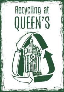 Recycling at Queen's leaflet cover showing the clocktower inside the recycling arrows symbol
