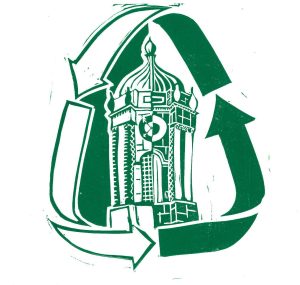 Recycling at Queen's leaflet cover showing the clocktower inside the recycling arrows symbol
